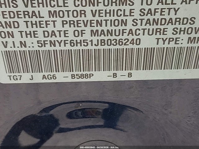 2018 Honda Pilot Ex-l მანქანა იყიდება აუქციონზე, vin: 5FNYF6H51JB036240, აუქციონის ნომერი: 45003945