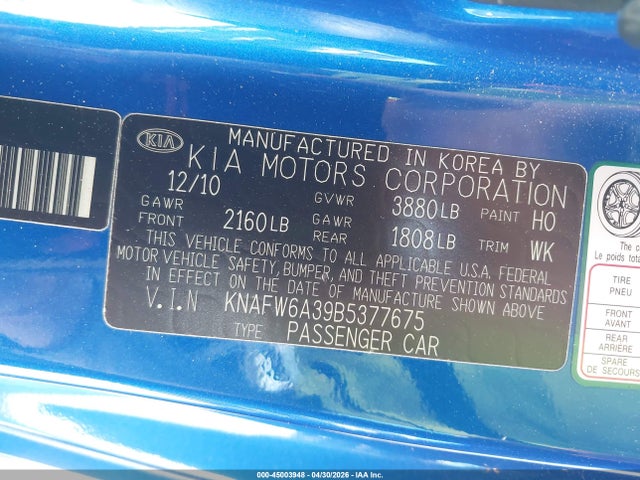 45003948 :رقم المزاد ، KNAFW6A39B5377675 vin ، 2011 Kia Forte Koup Sx مزاد بيع