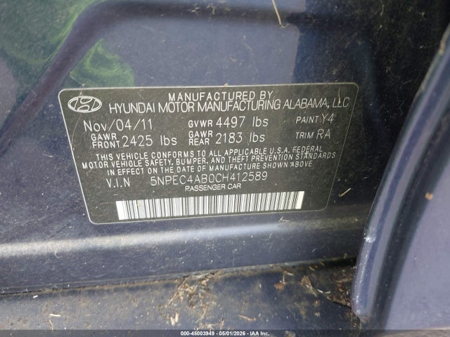 45003949 :رقم المزاد ، 5NPEC4AB0CH412589 vin ، 2012 Hyundai Sonata Se 2.0t مزاد بيع
