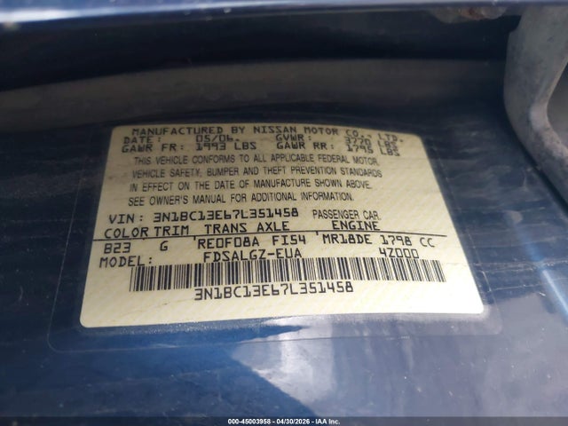 Auction sale of the 2007 Nissan Versa 1.8sl, vin: 3N1BC13E67L351458, lot number: 45003958
