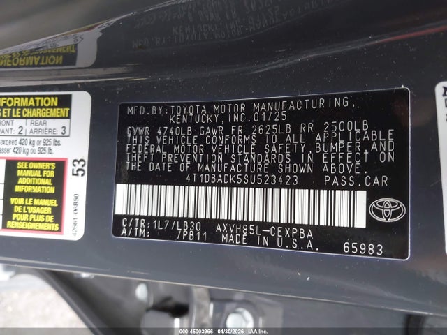 Aukcja sprzedaży 2025 Toyota Camry Xse, vin: 4T1DBADK5SU523423, numer aukcji: 45003966