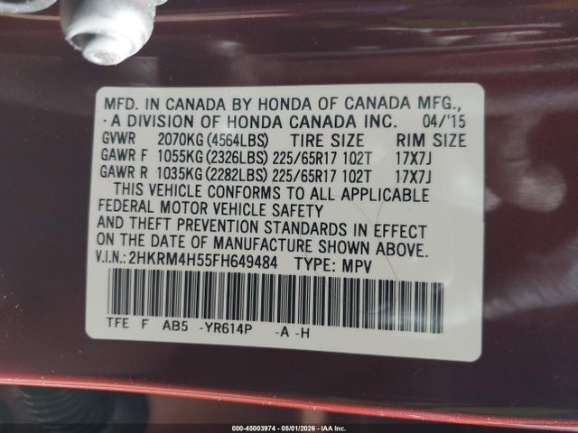 Продаж на аукціоні авто 2015 Honda Cr-v Ex, vin: 2HKRM4H55FH649484, номер лоту: 45003974