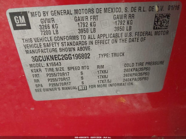 3GCUKNEC2GG196802 Chevrolet Silverado 1500 Ls