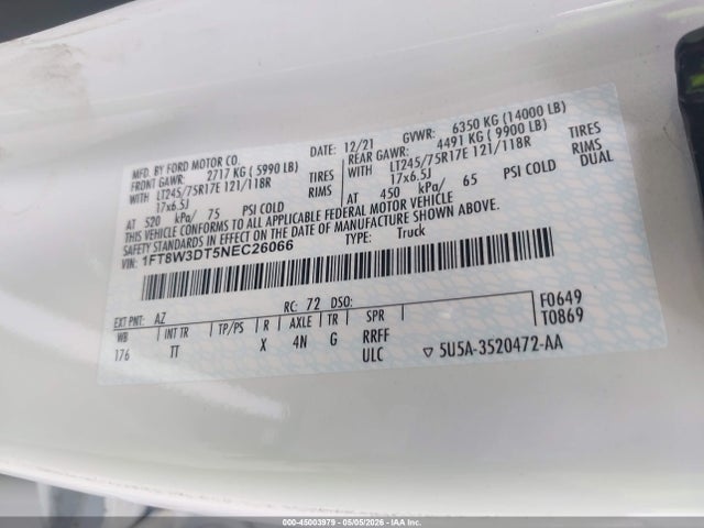 Продаж на аукціоні авто 2022 Ford F-350 King Ranch/lariat/limited/platinum/xl/xlt, vin: 1FT8W3DT5NEC26066, номер лоту: 45003979