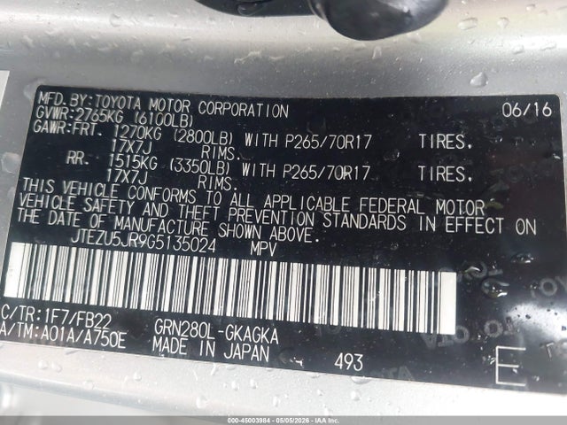 45003984 :رقم المزاد ، JTEZU5JR9G5135024 vin ، 2016 Toyota 4runner Sr5 مزاد بيع