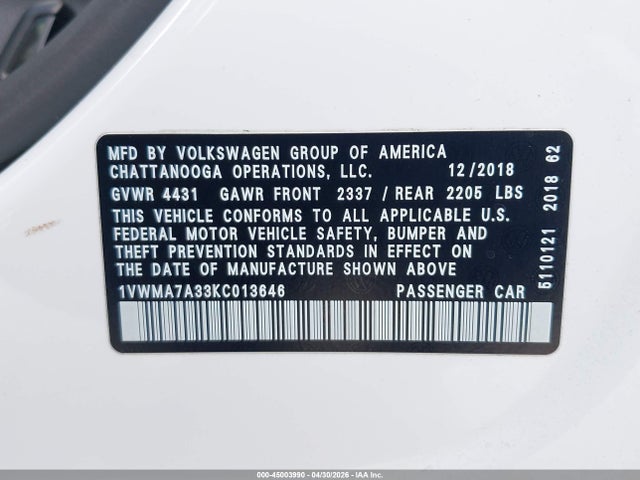 45003990 :رقم المزاد ، 1VWMA7A33KC013646 vin ، 2019 Volkswagen Passat 2.0t Se R-line مزاد بيع