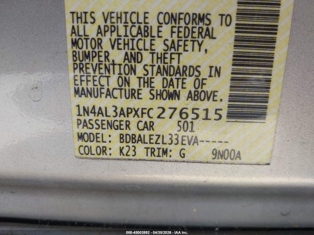 Продажа на аукционе авто 2015 Nissan Altima 2.5/2.5 S/2.5 Sl/2.5 Sv, vin: 1N4AL3APXFC276515, номер лота: 45003992