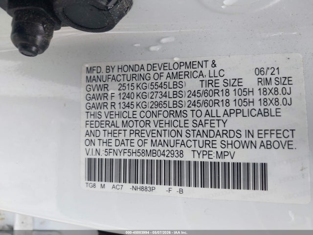 Honda Pilot 2wd Ex-l 2021 5FNYF5H58MB042938 Image 9