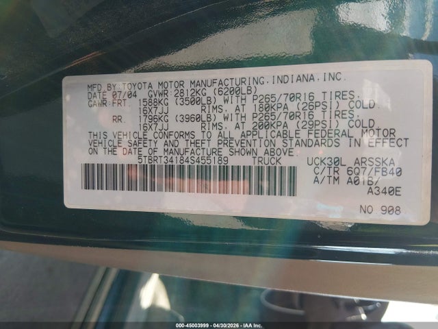 Aukcja sprzedaży 2004 Toyota Tundra Sr5 V8, vin: 5TBRT34184S455189, numer aukcji: 45003999