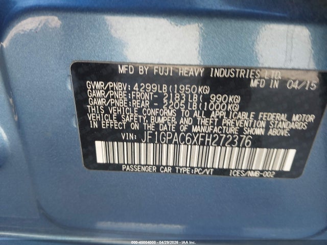 Продажа на аукционе авто 2015 Subaru Impreza 2.0i Premium, vin: JF1GPAC6XFH272376, номер лота: 45004000
