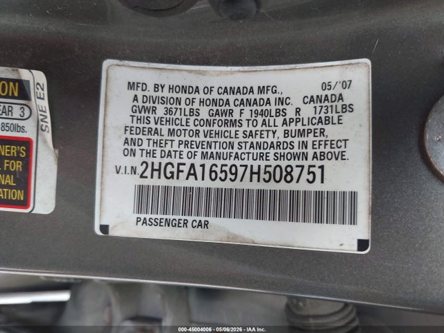 45004006 :رقم المزاد ، 2HGFA16597H508751 vin ، 2007 Honda Civic Lx مزاد بيع