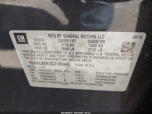 Aukcja sprzedaży 2016 Chevrolet Equinox Ls, vin: 1GNALBEK0GZ105443, numer aukcji: 45004010