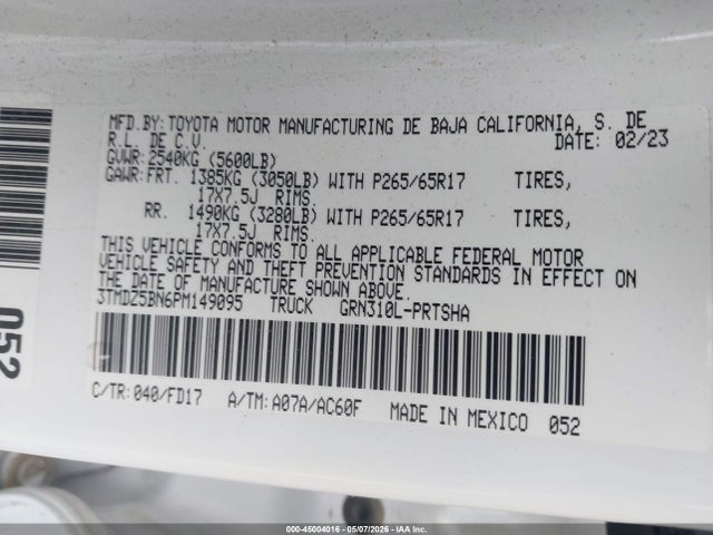Auction sale of the 2023 Toyota Tacoma Trd Sport, vin: 3TMDZ5BN6PM149095, lot number: 45004016