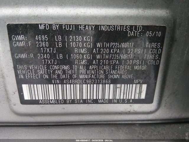 45004017 :رقم المزاد ، 4S4BRDLC9B2313868 vin ، 2011 Subaru Outback 3.6r Limited مزاد بيع