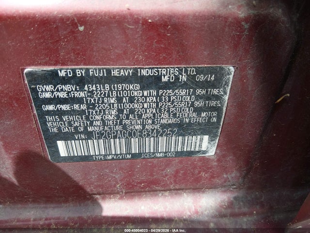 Aukcja sprzedaży 2014 Subaru Xv Crosstrek 2.0i Limited, vin: JF2GPAGC0E8342252, numer aukcji: 45004023