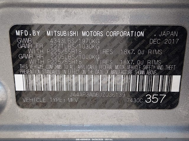 JA4AP3AW6JZ036139 Mitsubishi Outlander Sport 2.4 Se