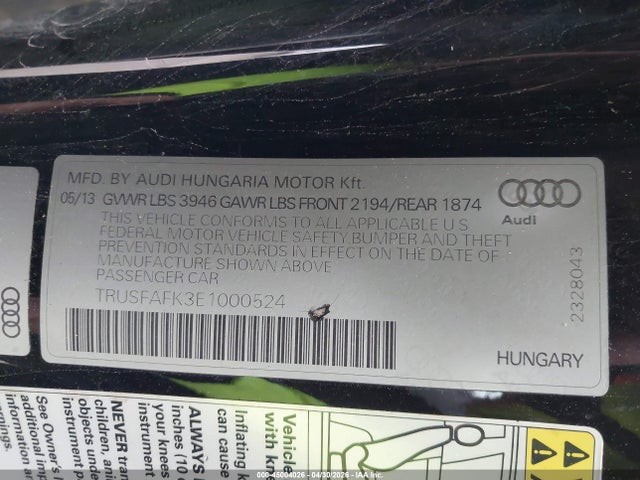 45004026 :رقم المزاد ، TRUSFAFK3E1000524 vin ، 2014 Audi Tt 2.0t مزاد بيع