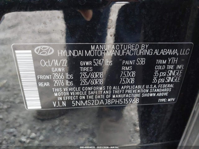 5NMS2DAJ8PH515968 Hyundai Santa Fe Sel