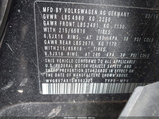 Продажа на аукционе авто 2016 Volkswagen Tiguan S, vin: WVGBV7AX1GW593322, номер лота: 45004031