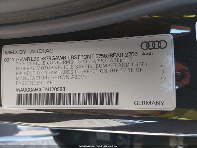 45004051 :رقم المزاد ، WAUGGAFC6DN120988 vin ، 2013 Audi A6 3.0t Premium مزاد بيع