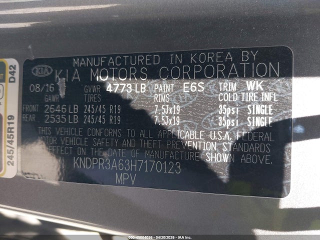 45004056 :رقم المزاد ، KNDPR3A63H7170123 vin ، 2017 Kia Sportage Sx Turbo مزاد بيع