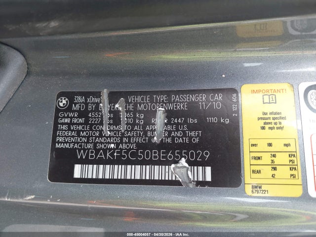 2011 Bmw 328i Xdrive მანქანა იყიდება აუქციონზე, vin: WBAKF5C50BE655029, აუქციონის ნომერი: 45004057