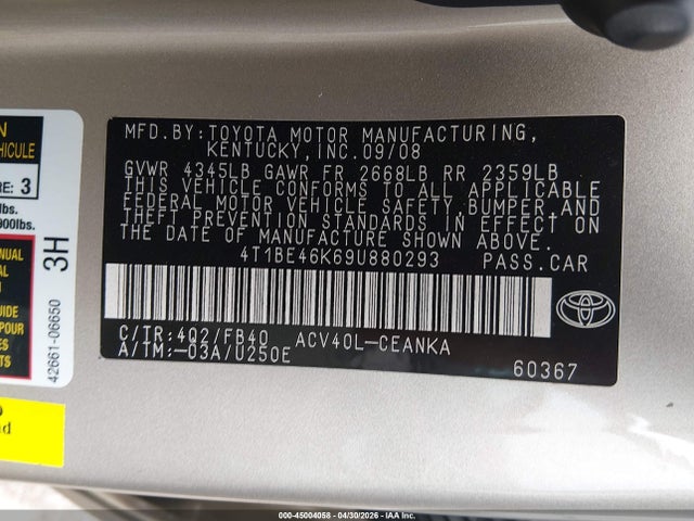 45004058 :رقم المزاد ، 4T1BE46K69U880293 vin ، 2009 Toyota Camry مزاد بيع