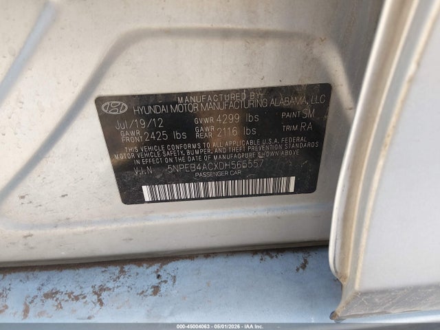 2013 Hyundai Sonata Gls მანქანა იყიდება აუქციონზე, vin: 5NPEB4ACXDH565557, აუქციონის ნომერი: 45004063
