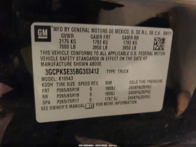 2011 Chevrolet Silverado 1500 Lt მანქანა იყიდება აუქციონზე, vin: 3GCPKSE35BG303412, აუქციონის ნომერი: 45004064