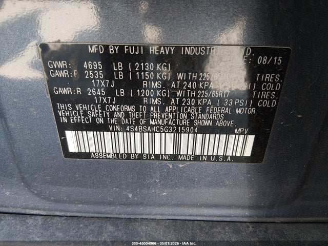 Aukcja sprzedaży 2016 Subaru Outback 2.5i Premium, vin: 4S4BSAHC5G3215904, numer aukcji: 45004066