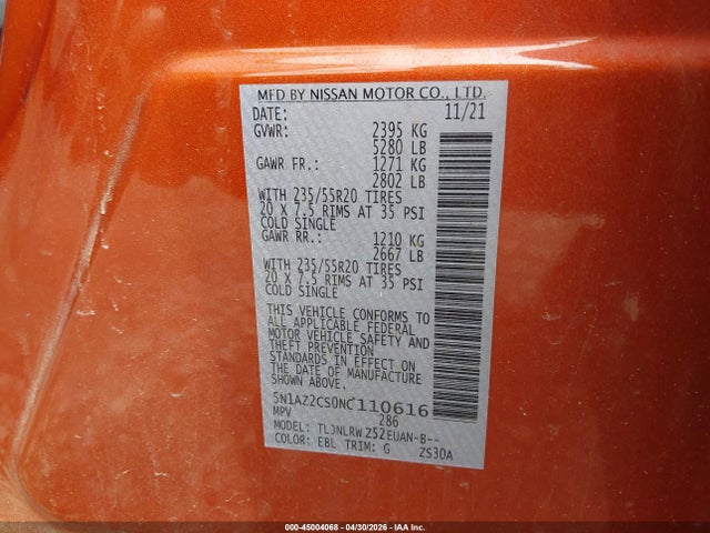 Продажа на аукционе авто 2022 Nissan Murano Sl, vin: 5N1AZ2CS0NC110616, номер лота: 45004068