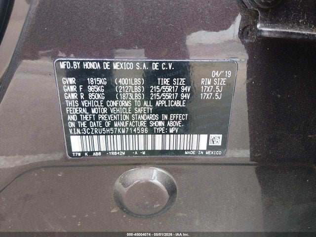 Продаж на аукціоні авто 2019 Honda Hr-v Ex, vin: 3CZRU5H57KM714596, номер лоту: 45004074