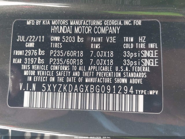 Продаж на аукціоні авто 2011 Hyundai Santa Fe Limited V6, vin: 5XYZKDAGXBG091294, номер лоту: 45004085