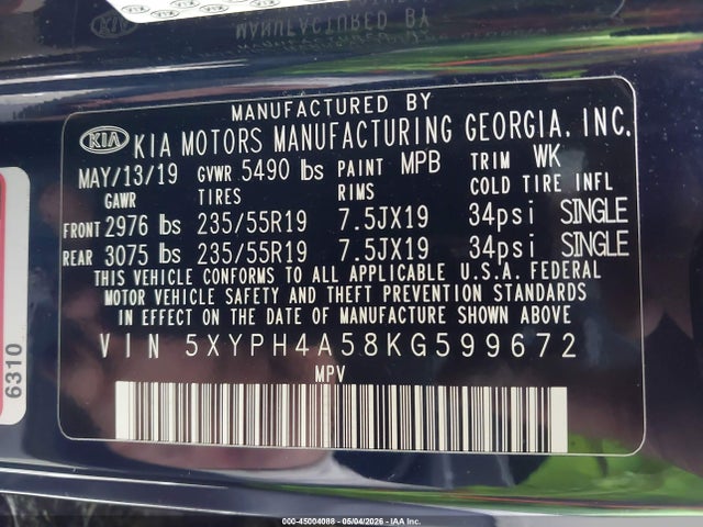 5XYPH4A58KG599672 KIA Sorento 3.3l Ex Sport
