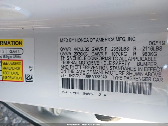 Aukcja sprzedaży 2019 Honda Accord Sport, vin: 1HGCV1F38KA128040, numer aukcji: 45004101