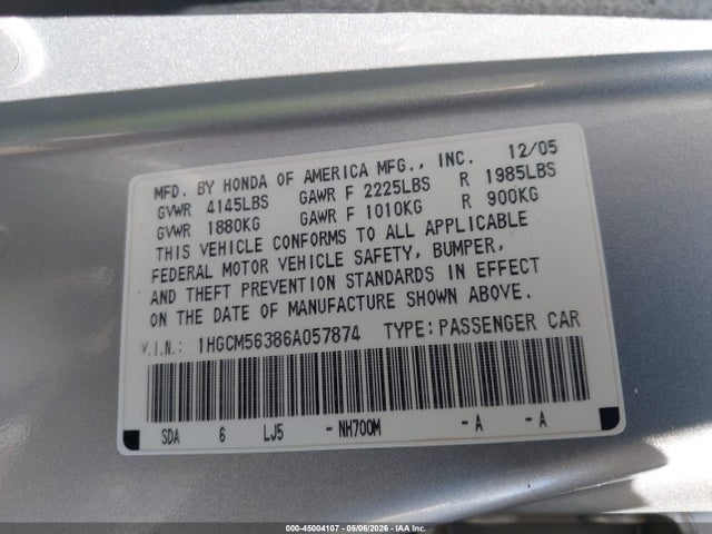 2006 Honda Accord 2.4 Se მანქანა იყიდება აუქციონზე, vin: 1HGCM56386A057874, აუქციონის ნომერი: 45004107