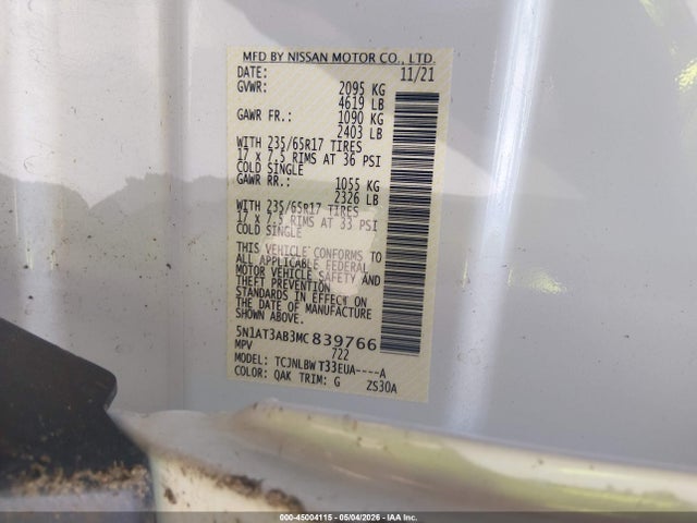 Auction sale of the 2021 Nissan Rogue S Intelligent Awd, vin: 5N1AT3AB3MC839766, lot number: 45004115