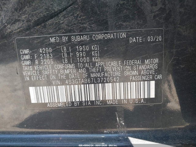2020 Subaru Impreza 5-door მანქანა იყიდება აუქციონზე, vin: 4S3GTAB67L3720542, აუქციონის ნომერი: 45004124