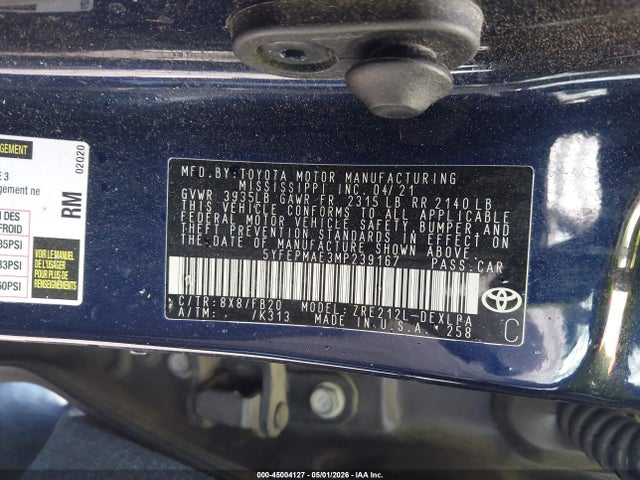 Aukcja sprzedaży 2021 Toyota Corolla Le, vin: 5YFEPMAE3MP239167, numer aukcji: 45004127