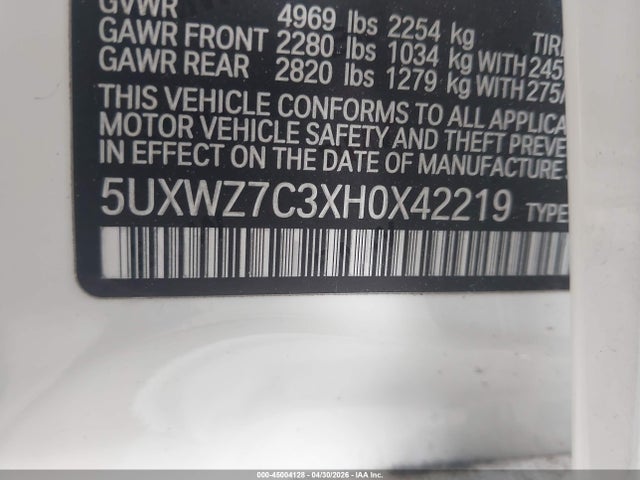 45004128 :رقم المزاد ، 5UXWZ7C3XH0X42219 vin ، 2017 Bmw X3 Sdrive28i مزاد بيع