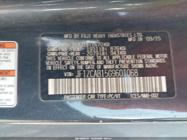 Aukcja sprzedaży 2016 Subaru Brz Premium, vin: JF1ZCAB15G9601068, numer aukcji: 45004137
