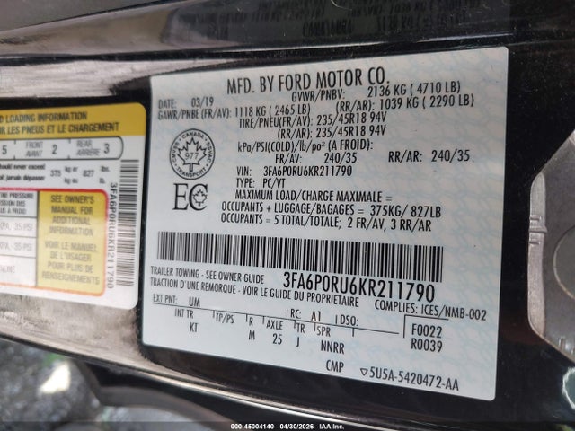 2019 Ford Fusion Hybrid Titanium მანქანა იყიდება აუქციონზე, vin: 3FA6P0RU6KR211790, აუქციონის ნომერი: 45004140
