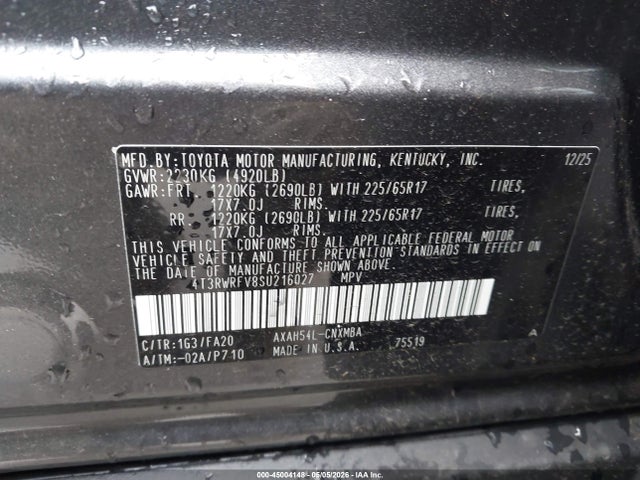 2025 Toyota Rav4 Hybrid Xle მანქანა იყიდება აუქციონზე, vin: 4T3RWRFV8SU216027, აუქციონის ნომერი: 45004148
