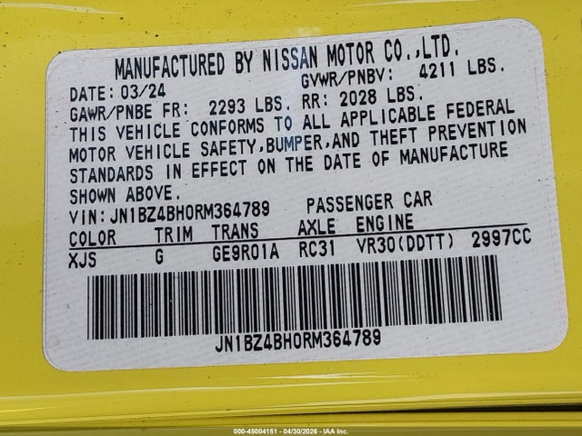 Aukcja sprzedaży 2024 Nissan Z Performance Auto, vin: JN1BZ4BH0RM364789, numer aukcji: 45004151