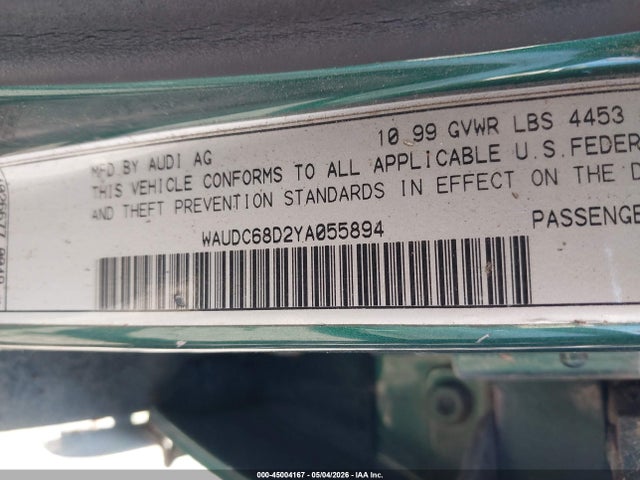 Продаж на аукціоні авто 2000 Audi A4 1.8 T, vin: WAUDC68D2YA055894, номер лоту: 45004167