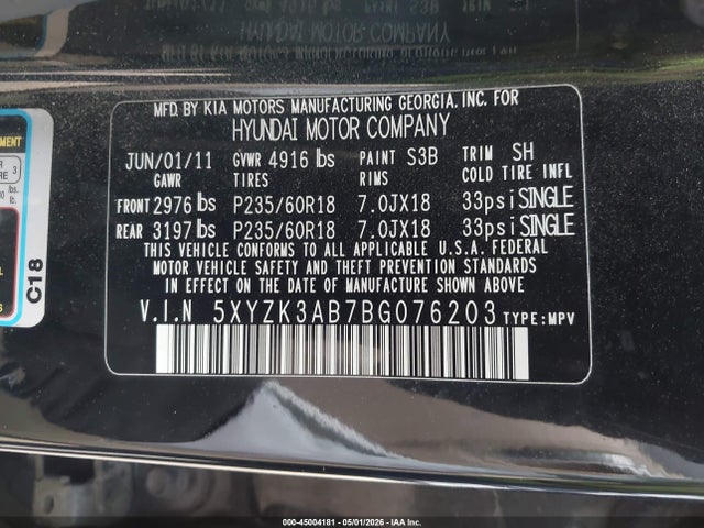 2011 Hyundai Santa Fe Limited მანქანა იყიდება აუქციონზე, vin: 5XYZK3AB7BG076203, აუქციონის ნომერი: 45004181
