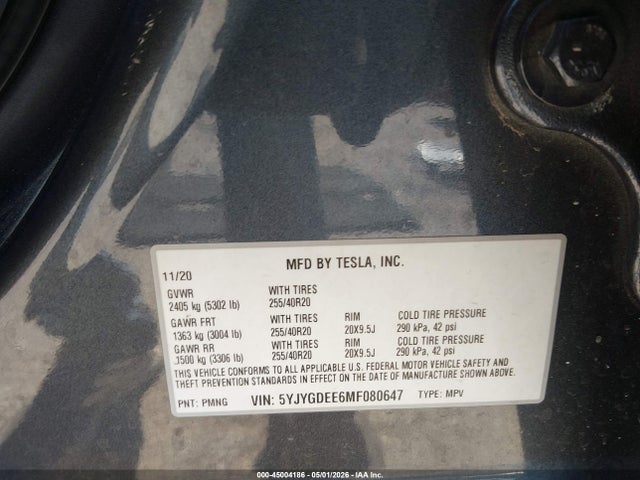 Продажа на аукционе авто 2021 Tesla Model Y Long Range Dual Motor All-wheel Drive, vin: 5YJYGDEE6MF080647, номер лота: 45004186