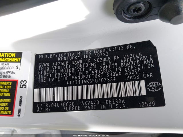 45004197 :رقم المزاد ، 4T1T11AK5PU107334 vin ، 2023 Toyota Camry Se Nightshade Edition مزاد بيع