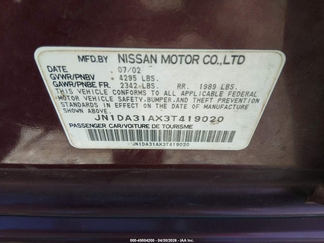 Aukcja sprzedaży 2003 Nissan Maxima Gle, vin: JN1DA31AX3T419020, numer aukcji: 45004200
