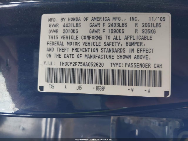 2010 Honda Accord 2.4 Ex მანქანა იყიდება აუქციონზე, vin: 1HGCP2F75AA052620, აუქციონის ნომერი: 45004201
